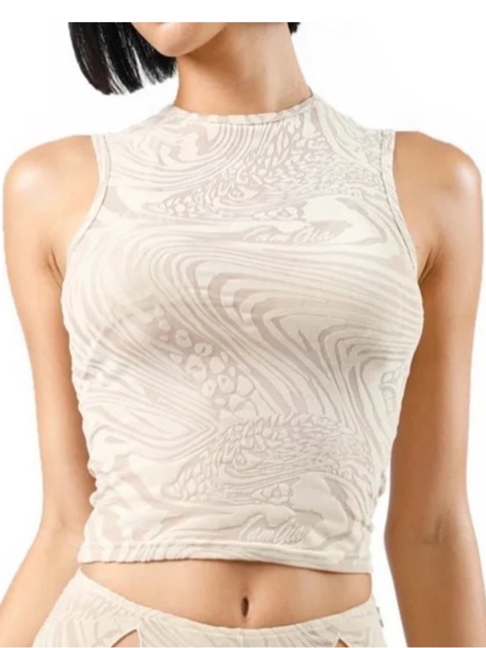 I.AM.GIA Amina Flocked Beige Cream High-Neck Patterned Textured Crop Tank Large